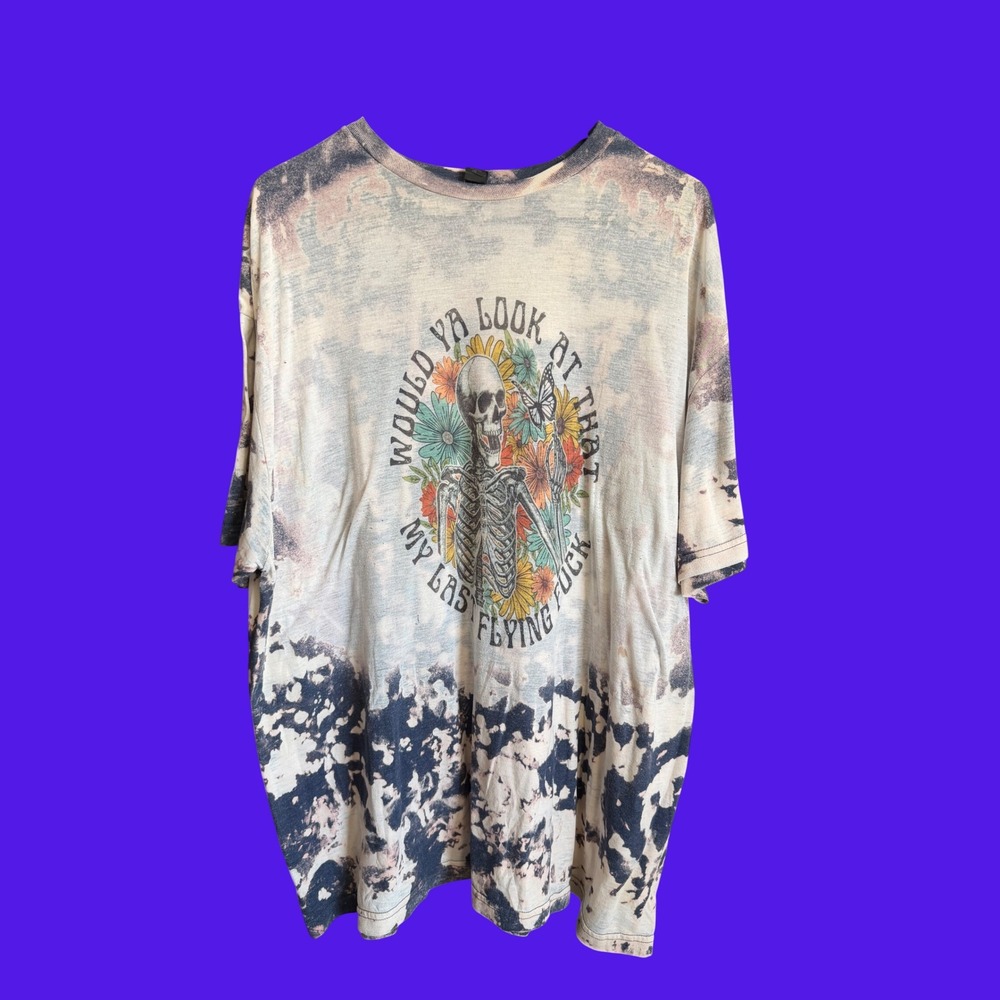 Gildan Softstyle CVC Acid‎ Wash Skeleton Graphic T-Shirt Navy Cream 2XL Mens